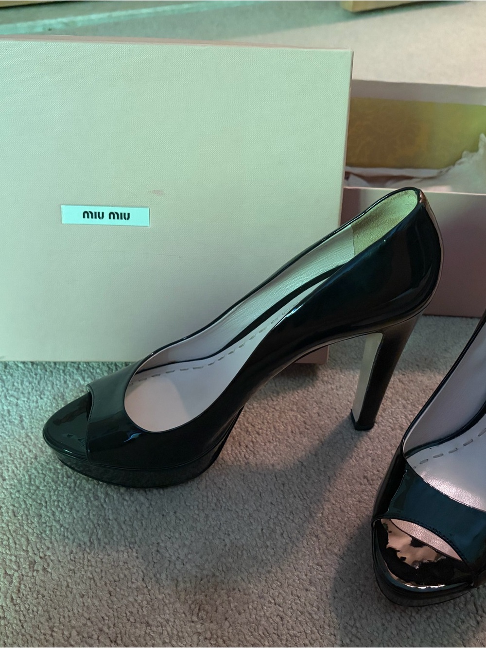 Miu Miu Black Patent Leather Peep-Toe Heels - Picture 2 of 7